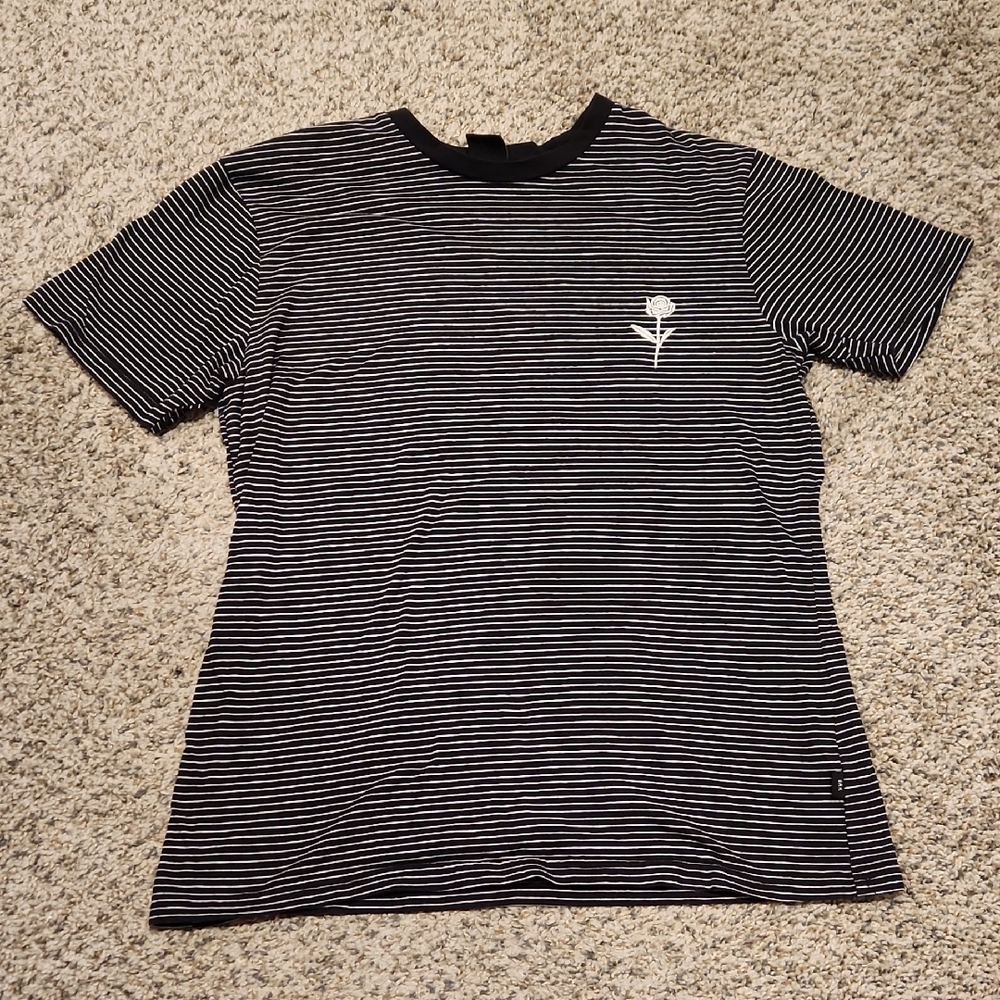 Striped Black and White T-Shirt with Rose Embroidery